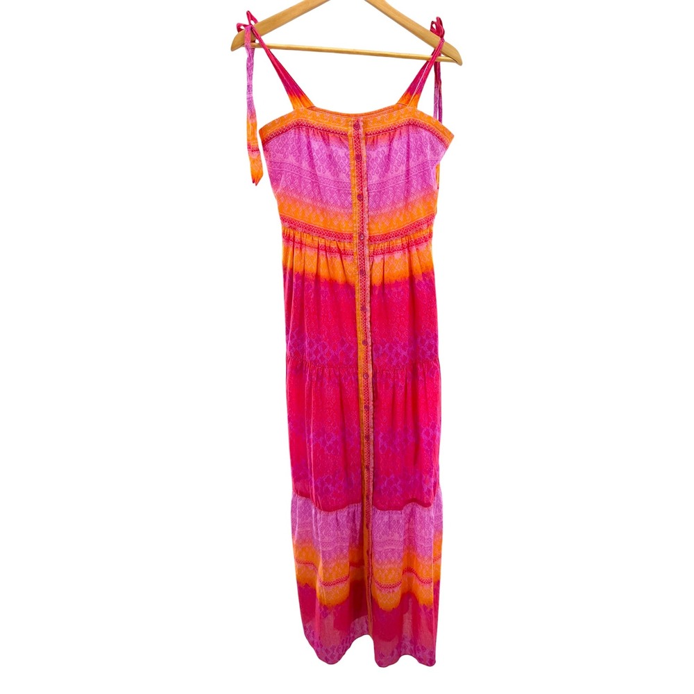 Hale Bob 100% Cotton Tiered Maxi Dress Small S Pink Orange Sunset Ombre 21UN6200